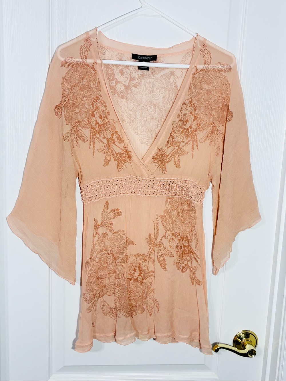 Y2K VTG Karen Kane SILK Floral Beaded Sheer Empire Waist Tunic Top Pink Size XL